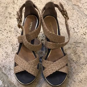 Sperry blue and nude braided leather wedge sandals